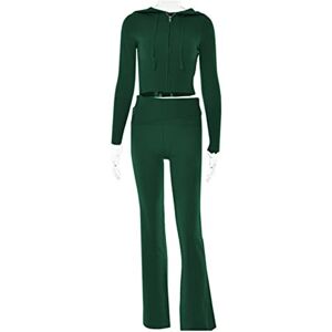 Niceyoeuk Women Y2k Ribbed Knit 2 Pieces Outfits Long Sleeve Zipper-Up Slim Fit Hooded Crop Tops High Waist Long Pants Set Tracksuits Loungewear (Daek Green, M)