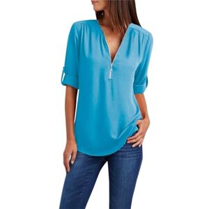 Generic Long Sleeve Tops for Women UK Summer Zipper V Neck Solid Colour Blouse Ladies Casual Loose Fit T Shirts Elegant Dressy Tunics Sky Blue