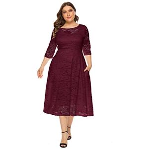 Plus Size Wedding Guest Dress for Women Vintage 3/4 Sleeve Floral Lace Cocktail Party Dresses Pleated A-Line Evening Dresses Formal Prom Gown Birthday Midi Dresses with Pockets Deep red 5XL