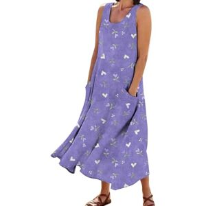 WERVOT Women Summer Dress Cotton Round Neck Sleeveless Pocket Retro Floral Breathable Long Dress Winter Dresses Women, ad purple, XXXL