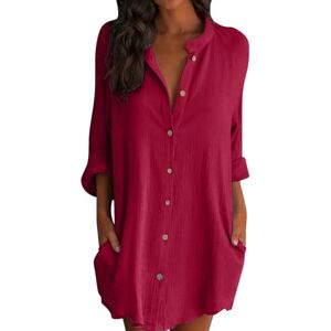 Iuyhau Women's Oversized Linen Shirts Plus Size Baggy Comfy Blouses Tops Half Sleeve Button Up Mid-Long Shirts V Neck Work Plain Tops Tunic Tee Mini Dress with Pockets Red