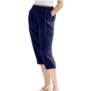 Womens Summer Trousers NSICBMNO Navy Cropped Trousers Women Summer Cotton Trousers Ladies Elasticated Waist Trousers with Pocket Causal Trousers Capri Pants Pencil Trousers 3/4 Length Trousers Cargo Pants Beach Trousers