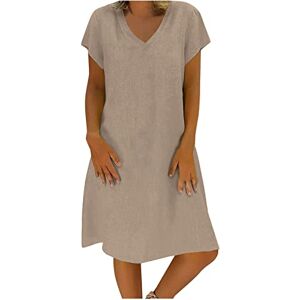 Linen Dresses for Women UK Clearance Casual Summer Short Sleeve Shirt Dresses Solid Color V Neck Elegant Tunic Dress Loose Flowy Beach Midi Dresses