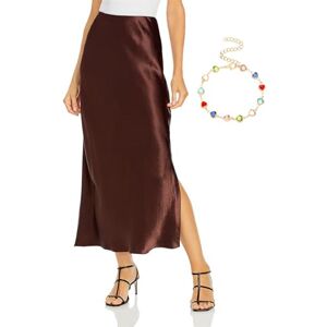 AMOUSD Women's Satin Skirt with Slit High Waist Elastic Satin Maxi Skirt Spring Summer Elegant Solid Color Silky Midi Skirts (Chocolate,S(UK8-10))