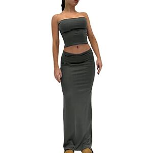 LOVHOT 2 Piece Maxi Skirt Set for Women Strapless Crop Tube Top Low Waist Long Skirt Set Summer Y2K Maxi Skirt Outfits (Grey, M)