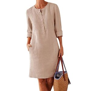 OMZIN Women's Mini Dress Crew Neck Pocket Short Sleeve Solid Color Dress Pullover Dress Beige XXL