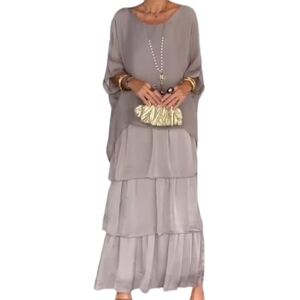 Repaly Artistic Style Loose Dress,Women's Casual A-Line 3/4 Sleeve Round Neck Layered Summer Large Size Maxi Dresses,Oversized Maxi Dress (Grey,XL)