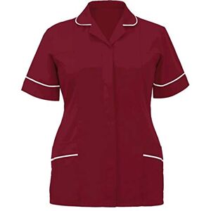 Womens Work Wear Tunic Uniform Top Ladies Collared V Neck Style Tunics Top Uniforms(Burgundy/White UK 14