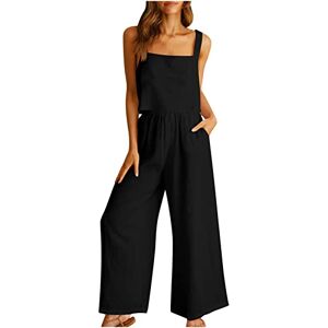 PRiME AMhomely Womens Two Piece Outfits Casual Suit Linen Shorts Sleeveless Cami Vest Top Crewneck T-Shirt and Wide Leg Pants Soft Comfy Tracksuit Trouser Suits Ladies Beach Lounge Wear Suits Black 5