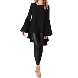ZANZEA Women Casual Loose Long Sleeve Asymmetric Tunic Tops Round Neck Lantern Sleeves Shirt Dress Fashion Double Layer Blouse M-Black 3XL