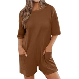 Rompers Shorts Keepink Oversized Rompers for Women 2024 Summer Casual Short Jumpsuits Half Sleeve Crew Neck Loose T-Shirt Romper with Pockets Athletic Workout Onesie Ladies Short Overalls Trendy