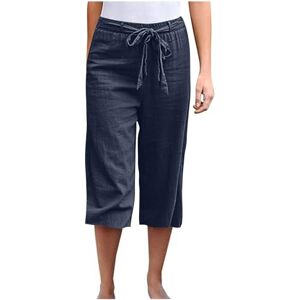 RLEHJN Three Quarter Length Trousers Women Capri Pants, Ladies Cropped Cotton Linen Trousers Plain 3/4 Trousers Summer Loose Lounge Pants Drawstring Elasticated Waist Bottoms with Pockets S-5XL