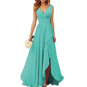 Sleeveless Chiffon Bridesmaid Dress for Women V Neck Floor Length Wedding Guest Gowns Turquoise UK22