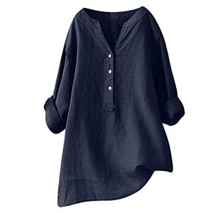 Rlehjn Women's Linen Shirt UK Sale Clearance Autumn Casual Tunic Tops Plain Long Sleeve T-Shirt Ladies Henley Pullover V-Neck Blouse Button Down Tops Linen Cotton Shirts UK Size 18-22 Navy