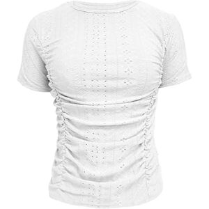 PRiME Angxiwan Tunic Tops for Women UK Women's Solid Color Round Neck Slim Fit Pleated Short Sleeve T Shirt Fashion Casual Top Womens Fitted T Shirt Vintage Tops for Women White