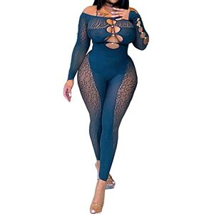 Femereina Women's Mesh See Though Jumpsuit Off-shoulder Low Cut Front Hollow Out Sheer Skinny Playsuit Long Sleeve One Piece Club Bodysuit (Blue, M)