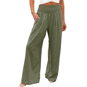 High Waist Wide Leg Palazzo Pants for Women Smocked Elastic Waist Loose Comfy Casual Pajama Pants Pockets Long