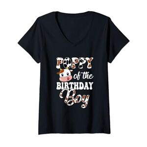 Womens Poppy Of The Birthday Boy Cow Farm 1St Birthday Boy V-Neck T-Shirt