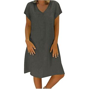 Summer Dresses for Women UK Clearance Cotton Linen Dresses V Neck Casual Short Sleeve T Shirts Dress Loose Midi Dress Trendy Elegant Plain Beach Dress Vocation Sundress