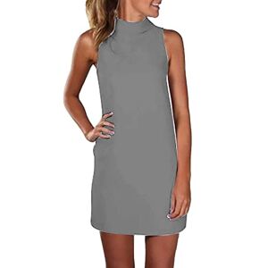 Generic Short Dress for Women Casual High Neck Sleeveless Dress Ladies Solid Color Ladies' Sexy Long Top Ciao Dress Solid Color Dress (Grey, XL)