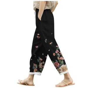 BKSCAYXS Women's E Summer Cotton Linen Trousers Loose Pocket Elastic Waist Wide Leg Trousers Retro Literary Plain Casual Ninth Trousers Women's 501, darkblue, S