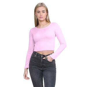 janisramone Womens Crew Neck Long Sleeve Crop Top Plain T Shirt Tops Ladies Summer Top 8-14 Baby Pink