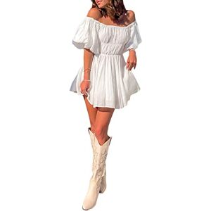 Lovhot Women's Summer Puff Sleeve Off Shoulder Mini Dress Casual Square Neck Ruffled A Line Flowy Swing Beach Dresses (Standard, White, M)