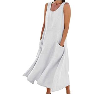 Generic Z-181 White Womens Sleeveless Loose Fit Dresses for Women Boat Neck Faux Linen Beach Casual Hawaiian Tropical Plain Maxi Long Summer Fall 2024 Soft Comfy Clothing X5 S