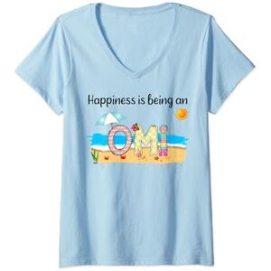 Vintage Summer Happiness Is Being An Omi Beach Womens Vintage Summer Happiness Is Being An Omi Retro Beach V-Neck T-Shirt