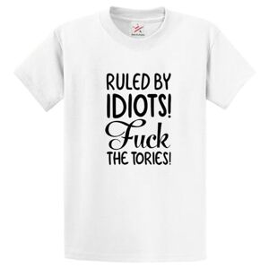 Stars And Stripes Ruled by Idiots! Fuck The Tories Anti-Conservative Graphic Print Style Political Unisex Adult Crew Neck T-Shirt(M, White)