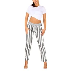 asfashion online Womens Elastic Waist Turn Up Italian Trousers Floral Print Side Pocket Drawstring Summer Pants (White Black Stripe UK 20-22)