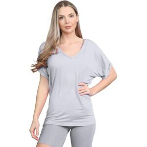 janisramone&#174; V Neck Tops for Women UK, Turn Up Short Sleeve Baggy Fit Oversized T-Shirts for Womens, Batwing Turn Up Sleeve Casual T-Shirt Sizes 8-26 Grey