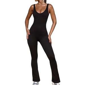 Oh Polly Full Length Bodysuit - Bo+Tee Unitards for Women with Plunge Neckline, Wide Shoulder Straps, & Micro Rib Detailing - FlexiRib & Squat-Proof Flared Jumpsuit - Powerful, Black, XL