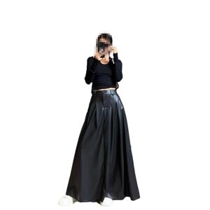 Pulcykp Spring Autumn Long Pleated Black Soft Pu Leather Maxi Skirt Women High Elastic Waist Skirt Black L