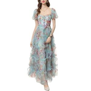 Generic Women's Summe Print Mesh Long Dress Lace-Up Ruffles Party Backless Dress Blue