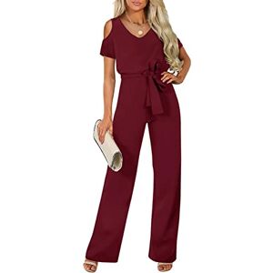 Generic Summer Jumpsuit for Women V-Neck Openwork Short Sleeve Overalls Pants Playsuit Slim Fit Trouser Suit with Belt,burgundy,S