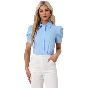 Allegra K Women's Puff Short Sleeve Turn Down Collared Work Office Button Down Shirt Sky Blue L