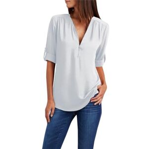 Generic Long Sleeve Tops for Women UK Summer Zipper V Neck Solid Colour Blouse Ladies Casual Loose Fit T Shirts Elegant Dressy Tunics White