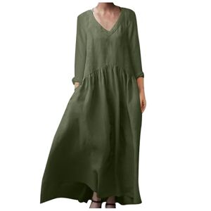 Summer Maxi Dresses for Women UK Plus Size Italian Linen Dresses Solid Pleated Tunic Dresses Long Sleeve V Neck Casual Dresses Elegant Baggy Pullover Dresses with Pocket Party Dresses Army Green