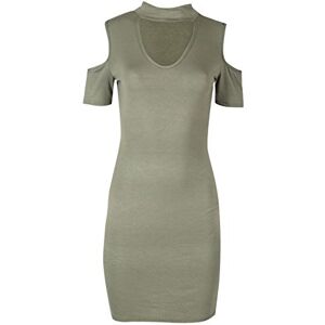 Be Jealous Fashion Star Womens Plain Cold Shoulder Choker V Neck Short Sleeves Bodycon Dress Khaki