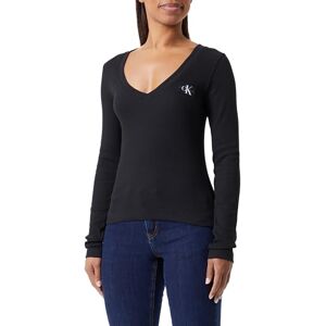 Calvin Klein Jeans Women's Woven Label V-Neck Long Sleeve J20J222882 L/S Knit Tops, Ck Black, XS