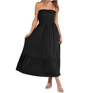 Summer Tube Dresses for Women UK Strapless Smocked Boho Dresses Flare A-Line Maxi Dress Beach Party Solid Color Elastic Waist Pleated Swing Long Dresses with Pockets