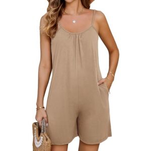 Niwicee Women Casual Jumpsuits Summer V-neck Sleeveless Romper Loose Wide Leg Shorts Overall Shoulder Strap Adjustable Playsuit with Pockets(Khaki,L)