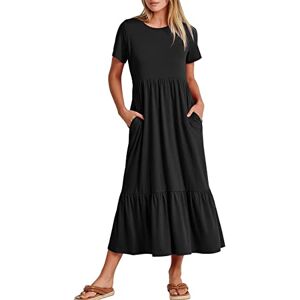 KOEMCY Women's Casual Dress Summer Midi Maxi Dress Short Sleeve Round Neck Dresses High Waist Tiered A Line Beach Dresses Sun Dress Swing Dress with Pockets (Black,L)