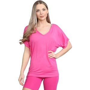 janisramone&#174; V Neck Tops for Women UK, Turn Up Short Sleeve Baggy Fit Oversized T-Shirts for Womens, Batwing Turn Up Sleeve Casual T-Shirt Sizes 8-26 Cerise