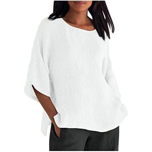 Haolei Linen Tops for Women UK Plus Size 22-24 Plain T-Shirt 3/4 Sleeve Lagenlook Shirts Round Neck Casual Loose Blouse Tee Tops Summer Cotton Linen Tunic Tops Sale Clearance