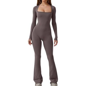 Miolasay Women's Ribbed Yoga Long Sleeve Jumpsuit Seamless Square Neck Jumpsuit Gym Stretch Bodycon Workout Playsuit (B-Grayish Coffee, S)