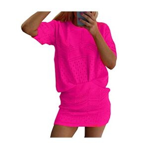 REAL LIFE FASHION LTD Ladies Knitted Crochet Sweater Dress 2Pcs Co-Ord Set Crop Top Women’s Short Sleeve Jumper Summer Party Festival Crochet Round Neck Skirt and Dress Set (Neon Pink, UK M/L)