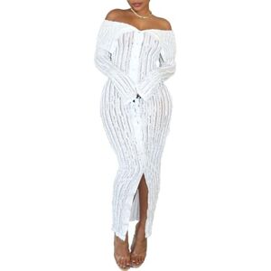 Tainrunse Lady Club Dress Low-cut Women Off Shoulder Sheath Split Hem Long Sleeve Skinny Tight Waist Elastic See-through Water Wave Single-breasted Ankle Length White L