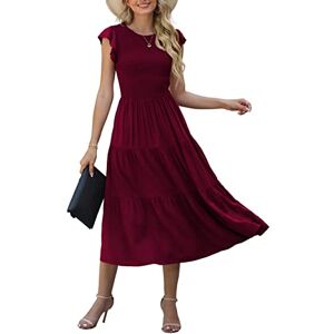 GRECERELLE Womens Summer Maxi Dress - Casual Midi Smocked Ruffle Sleeve Elastic Waist Crew Neck Tiered Cocktail Long Dresses for Ladies (Wine Red, L)